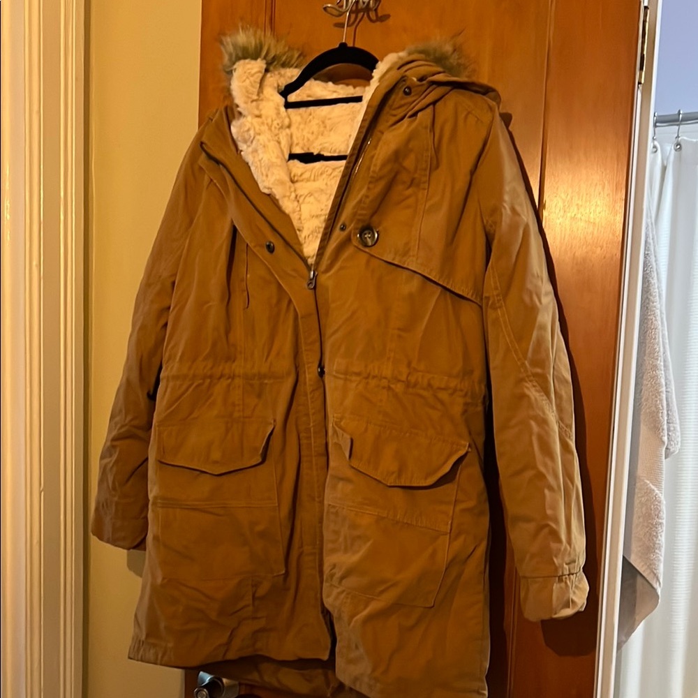 Women's Tan Parka with Faux Fur Trim